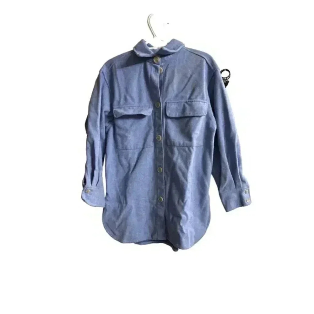 H&M Chambray Button Down Shirt Size XS Blue Oversized Shacket Casual Minimal - Picture 2 of 14